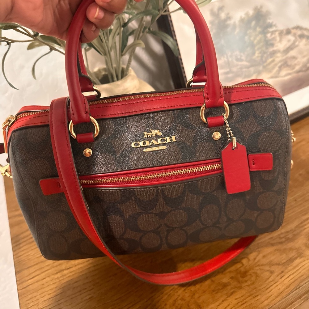 Coach Brown Signature Satchel with Red Trim